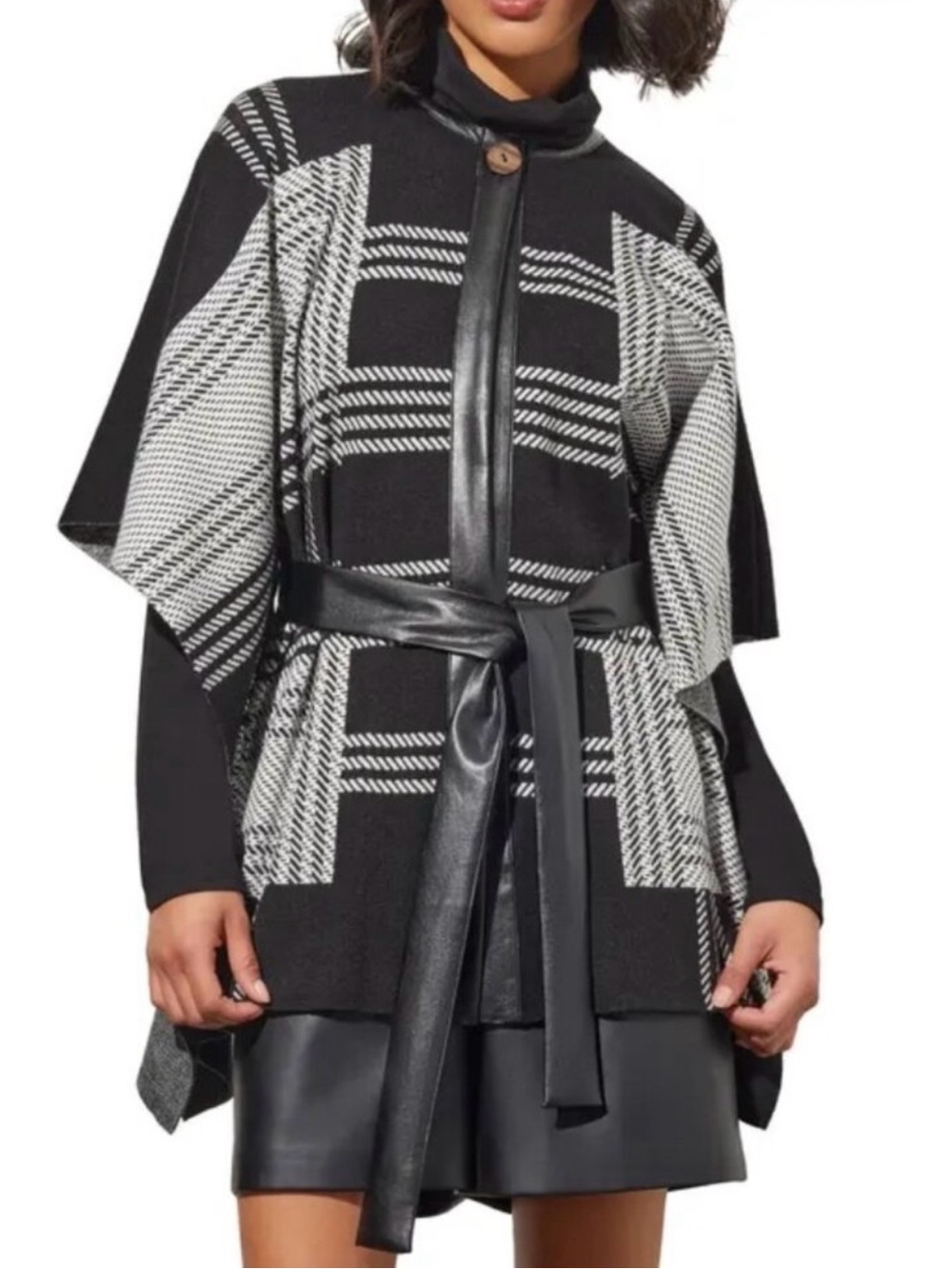 Ming Wang Plaid Knit Wrap Jacket  Belted Poncho Fall Winter Essential Luxury